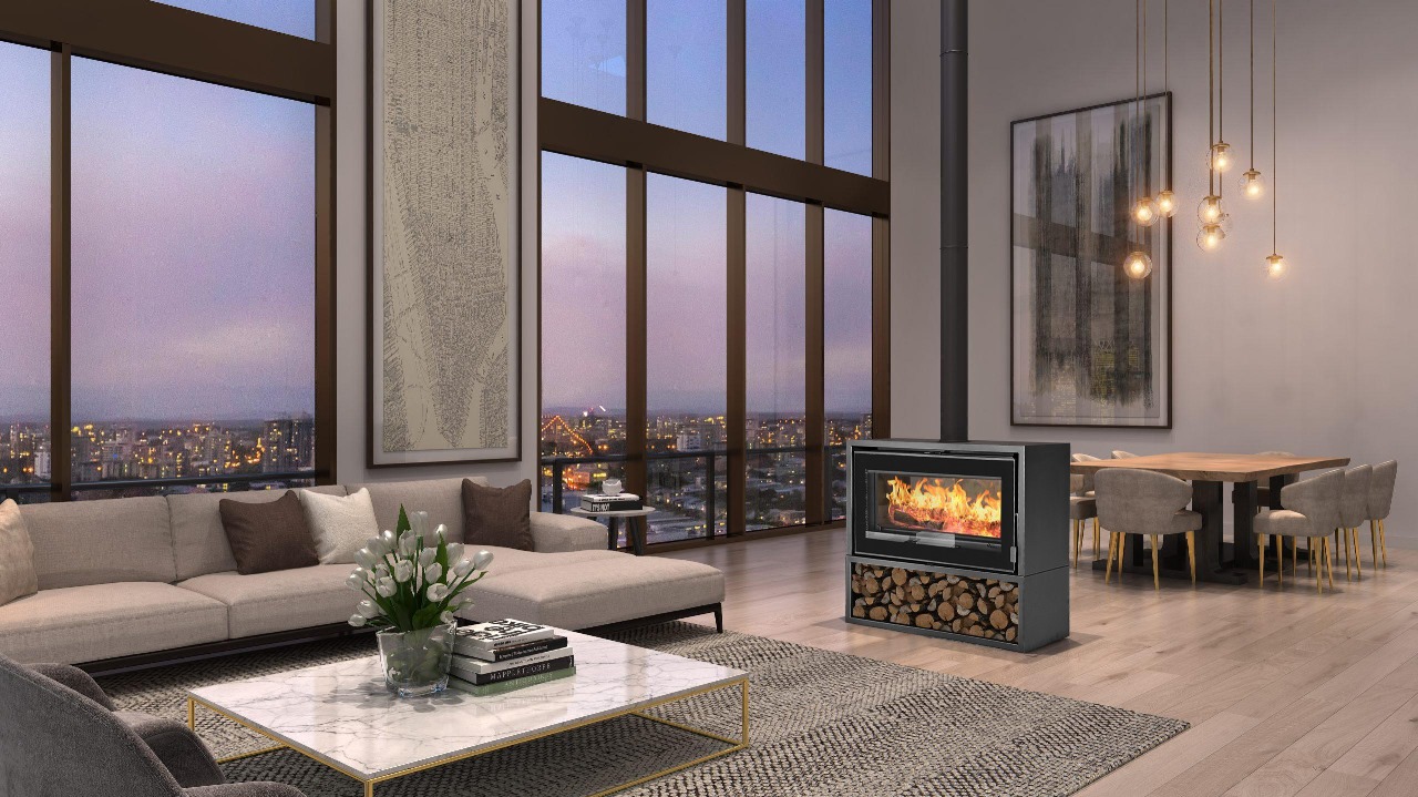 Flamm 950 Double-Sided Freestanding Fireplace on Log Base (13-16kW) - Image 2